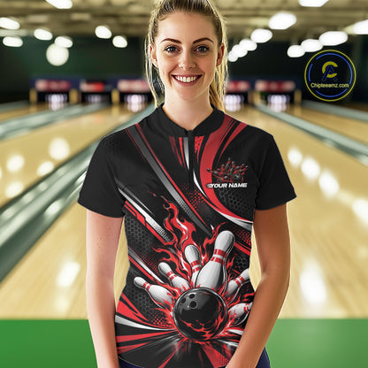 Custom Black And Red Flame Bowling Women Quarter-Zip Shirt, Bowling Tournament Jersey IPHW12852