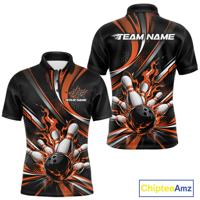 Custom Black And Orange Flame Bowling Team Men Polo Shirt, Bowling Tournament Jersey IPHW12853