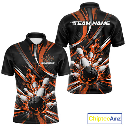 Custom Black And Orange Flame Bowling Team Men Polo Shirt, Bowling Tournament Jersey IPHW12853