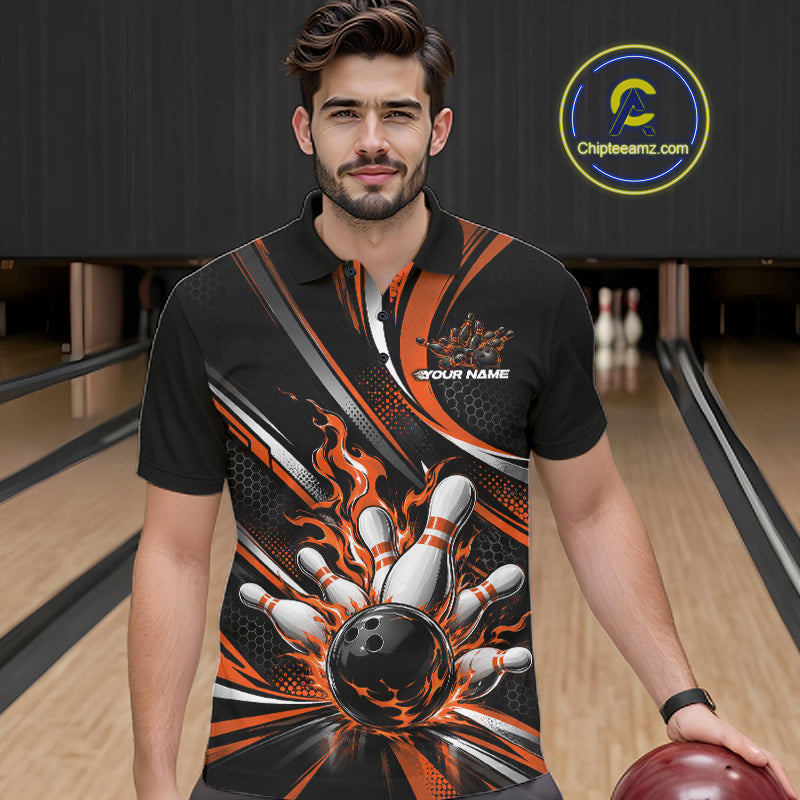 Custom Black And Orange Flame Bowling Team Men Polo Shirt, Bowling Tournament Jersey IPHW12853