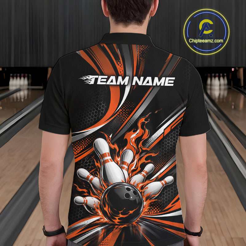 Custom Black And Orange Flame Bowling Team Men Polo Shirt, Bowling Tournament Jersey IPHW12853
