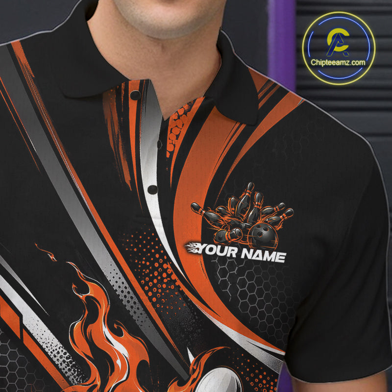 Custom Black And Orange Flame Bowling Team Men Polo Shirt, Bowling Tournament Jersey IPHW12853