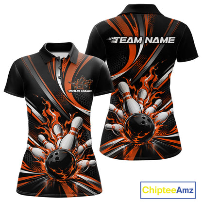 Custom Black And Orange Flame Bowling Team Women Polo Shirt, Bowling Tournament Jersey IPHW12853