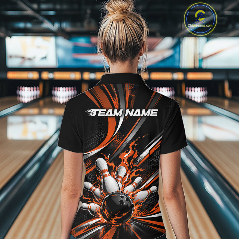 Custom Black And Orange Flame Bowling Team Women Polo Shirt, Bowling Tournament Jersey IPHW12853