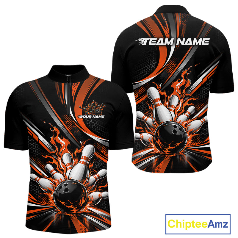 Custom Black And Orange Flame Bowling Team Men Quarter Zip Shirt, Bowling Tournament Jersey IPHW12853