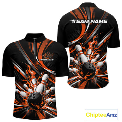 Custom Black And Orange Flame Bowling Team Men Quarter Zip Shirt, Bowling Tournament Jersey IPHW12853