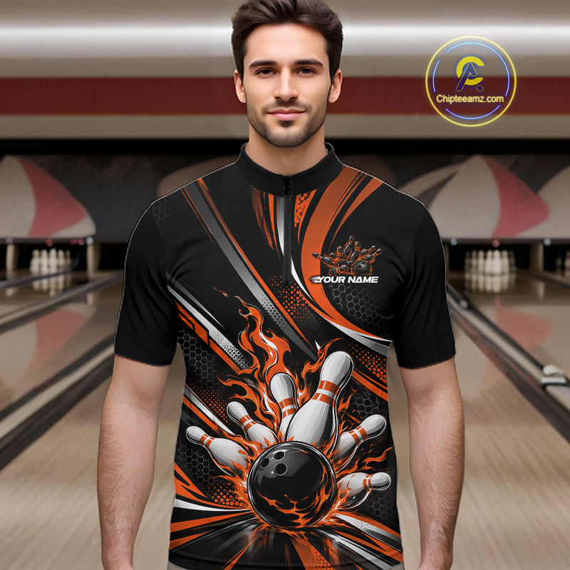 Custom Black And Orange Flame Bowling Team Men Quarter Zip Shirt, Bowling Tournament Jersey IPHW12853