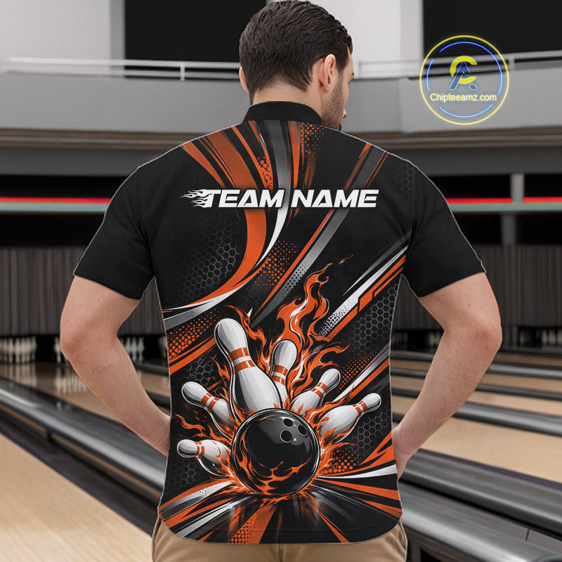 Custom Black And Orange Flame Bowling Team Men Quarter Zip Shirt, Bowling Tournament Jersey IPHW12853
