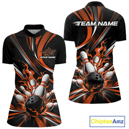 Custom Black And Orange Flame Bowling Women Quarter-Zip Shirt, Bowling Tournament Jersey IPHW12853