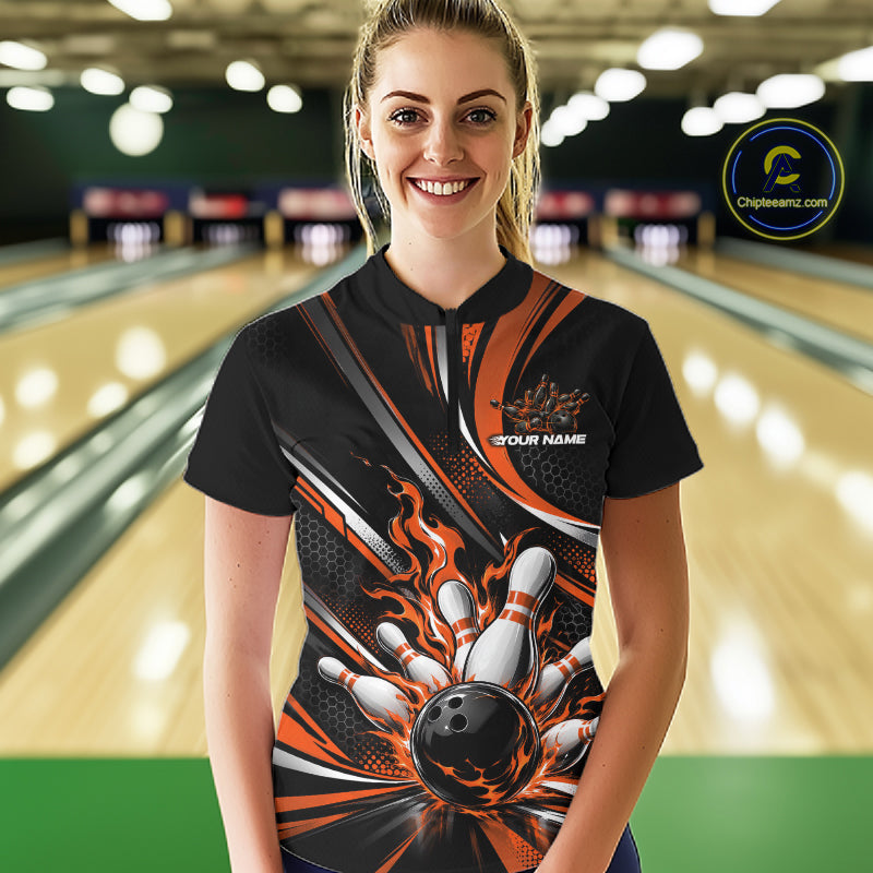 Custom Black And Orange Flame Bowling Women Quarter-Zip Shirt, Bowling Tournament Jersey IPHW12853