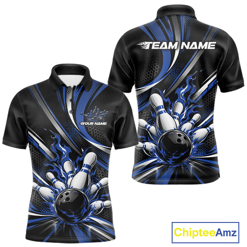 Custom Black And Blue Flame Bowling Team Men Polo Shirt, Bowling Tournament Jersey IPHW12854