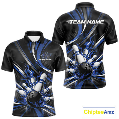 Custom Black And Blue Flame Bowling Team Men Polo Shirt, Bowling Tournament Jersey IPHW12854