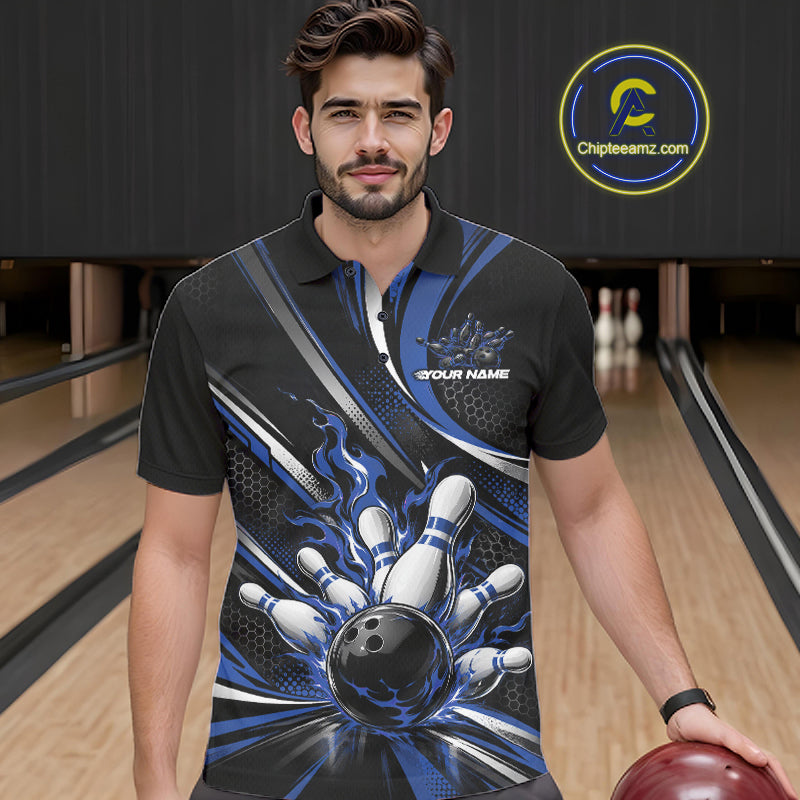 Custom Black And Blue Flame Bowling Team Men Polo Shirt, Bowling Tournament Jersey IPHW12854