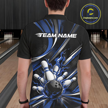 Custom Black And Blue Flame Bowling Team Men Polo Shirt, Bowling Tournament Jersey IPHW12854