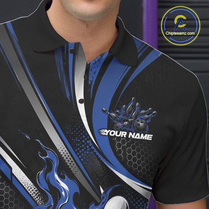 Custom Black And Blue Flame Bowling Team Men Polo Shirt, Bowling Tournament Jersey IPHW12854