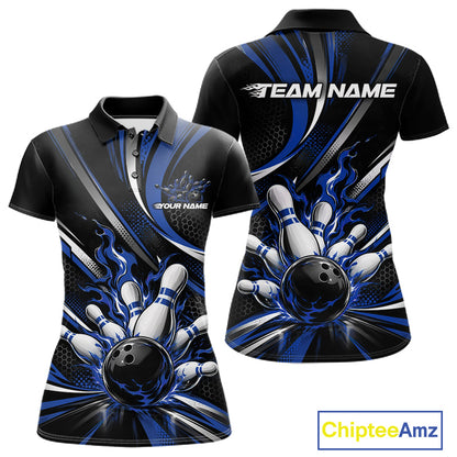 Custom Black And Blue Flame Bowling Team Women Polo Shirt, Bowling Tournament Jersey IPHW12854