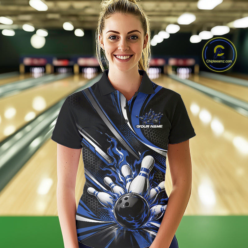 Custom Black And Blue Flame Bowling Team Women Polo Shirt, Bowling Tournament Jersey IPHW12854