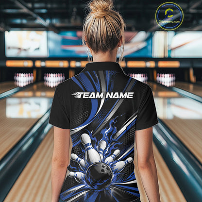 Custom Black And Blue Flame Bowling Team Women Polo Shirt, Bowling Tournament Jersey IPHW12854
