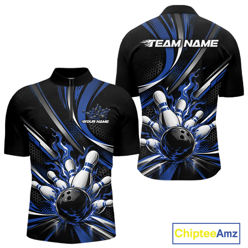 Custom Black And Blue Flame Bowling Team Men Quarter Zip Shirt, Bowling Tournament Jersey IPHW12854