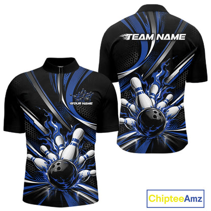 Custom Black And Blue Flame Bowling Team Men Quarter Zip Shirt, Bowling Tournament Jersey IPHW12854