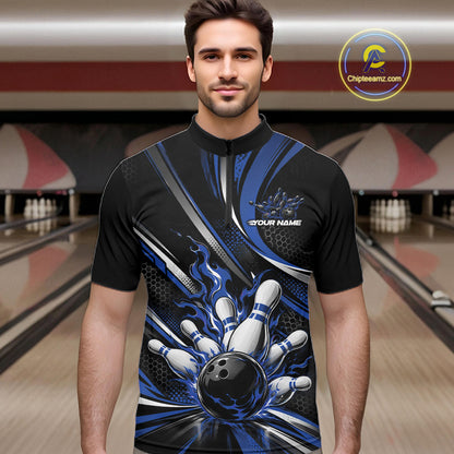 Custom Black And Blue Flame Bowling Team Men Quarter Zip Shirt, Bowling Tournament Jersey IPHW12854