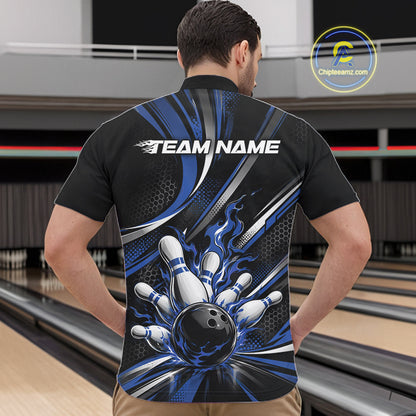 Custom Black And Blue Flame Bowling Team Men Quarter Zip Shirt, Bowling Tournament Jersey IPHW12854