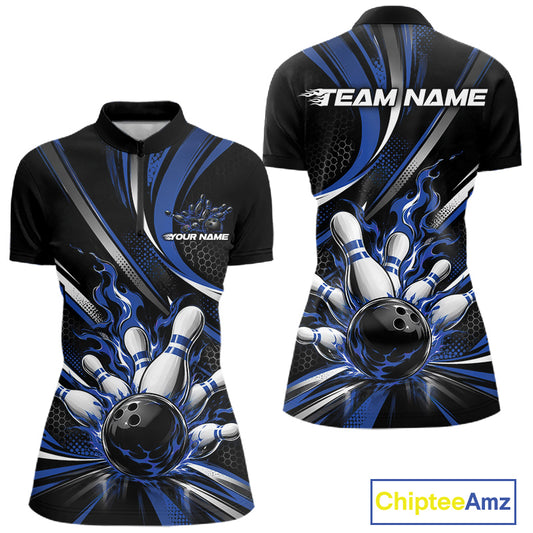 Custom Black And Blue Flame Bowling Women Quarter-Zip Shirt, Bowling Tournament Jersey IPHW12854