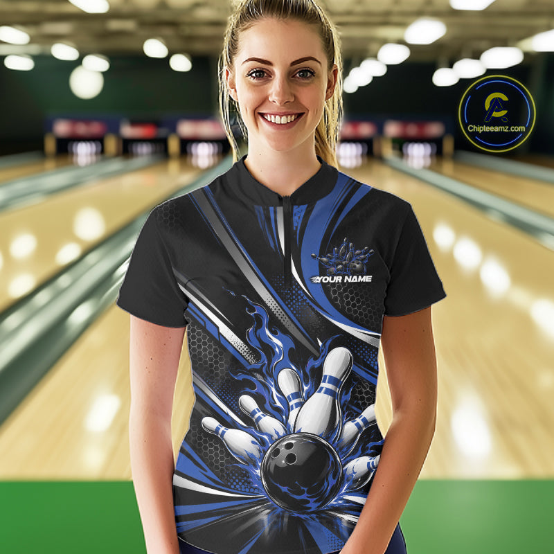 Custom Black And Blue Flame Bowling Women Quarter-Zip Shirt, Bowling Tournament Jersey IPHW12854