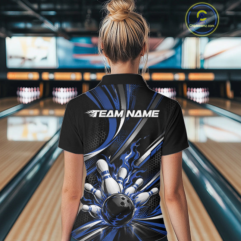 Custom Black And Blue Flame Bowling Women Quarter-Zip Shirt, Bowling Tournament Jersey IPHW12854