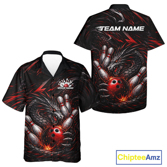 Custom Black And Red Dragon Bowling Jerseys, Dragon Bowling Team Men And Women Hawaiian Shirt IPHW10362