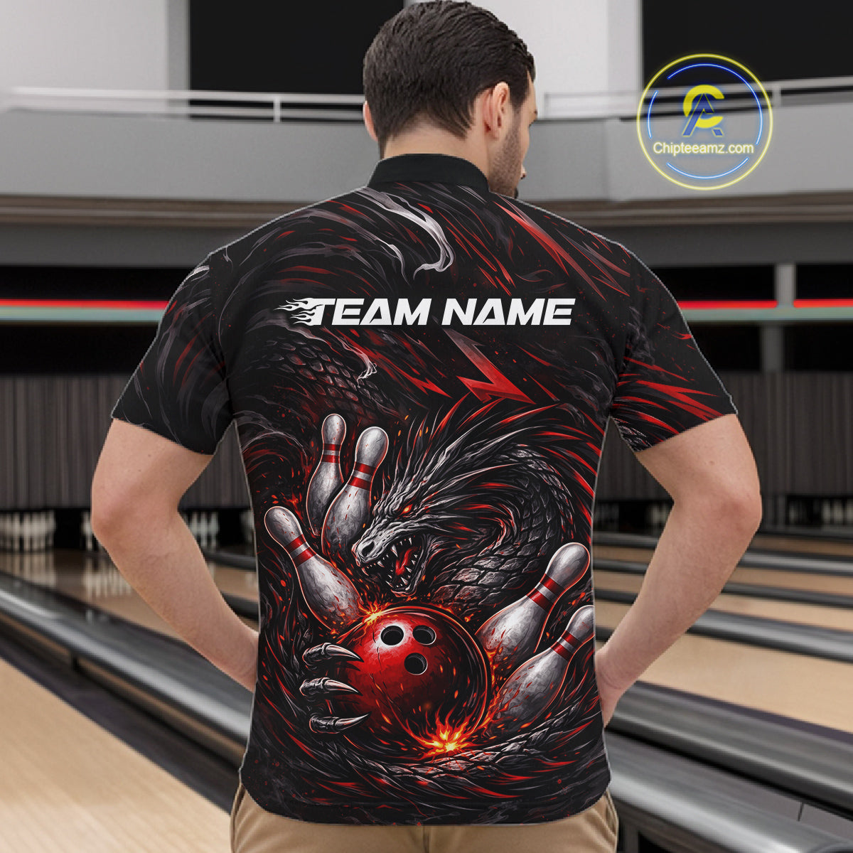 Custom Black And Red Dragon Bowling Jerseys, Dragon Bowling Team Men Quarter-Zip Shirt IPHW10362