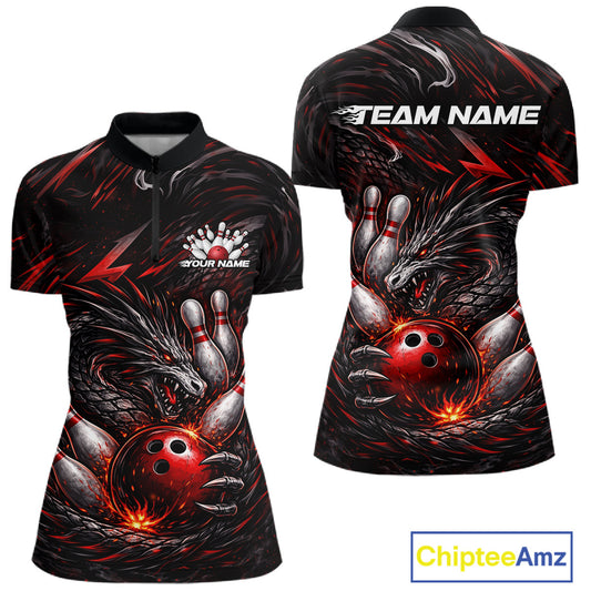 Custom Black And Red Dragon Bowling Jerseys, Dragon Bowling Team Women Quarter-Zip Shirt IPHW10362