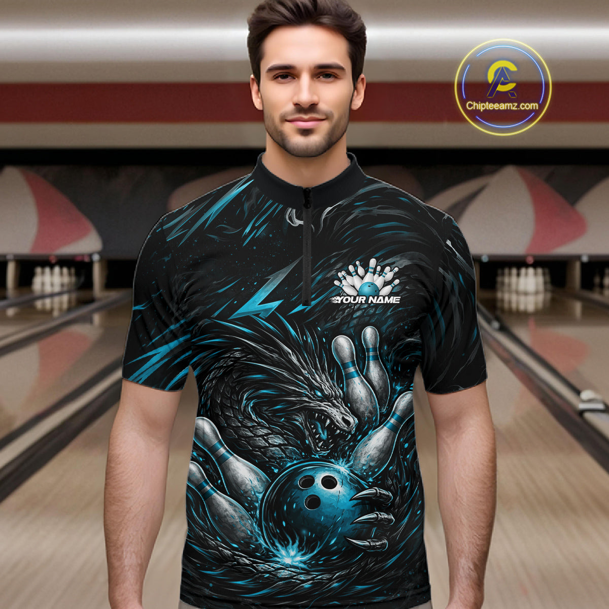 Custom Turquoise Blue Dragon Bowling Jerseys, Dragon Bowling Team Men Quarter-Zip Shirt IPHW10363