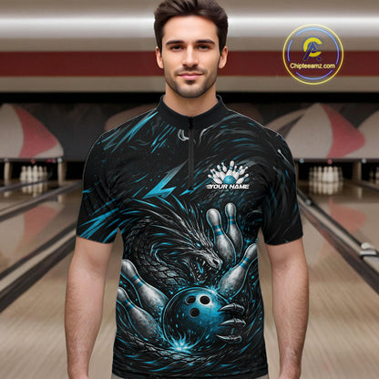 Custom Turquoise Blue Dragon Bowling Jerseys, Dragon Bowling Team Men Quarter-Zip Shirt IPHW10363