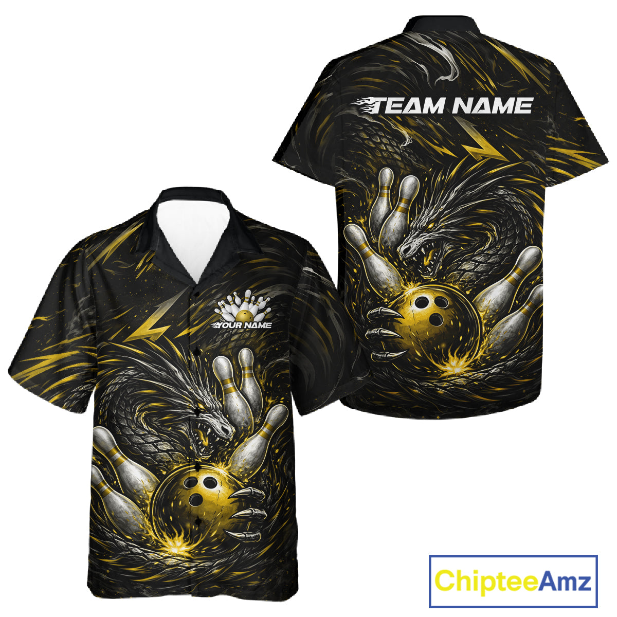 Custom Black And Gold Dragon Bowling Jerseys, Dragon Bowling Team Men And Women Hawaiian Shirt IPHW10364