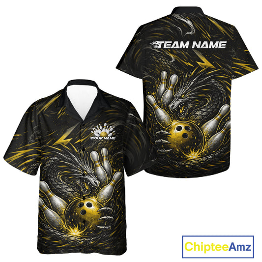 Custom Black And Gold Dragon Bowling Jerseys, Dragon Bowling Team Men And Women Hawaiian Shirt IPHW10364
