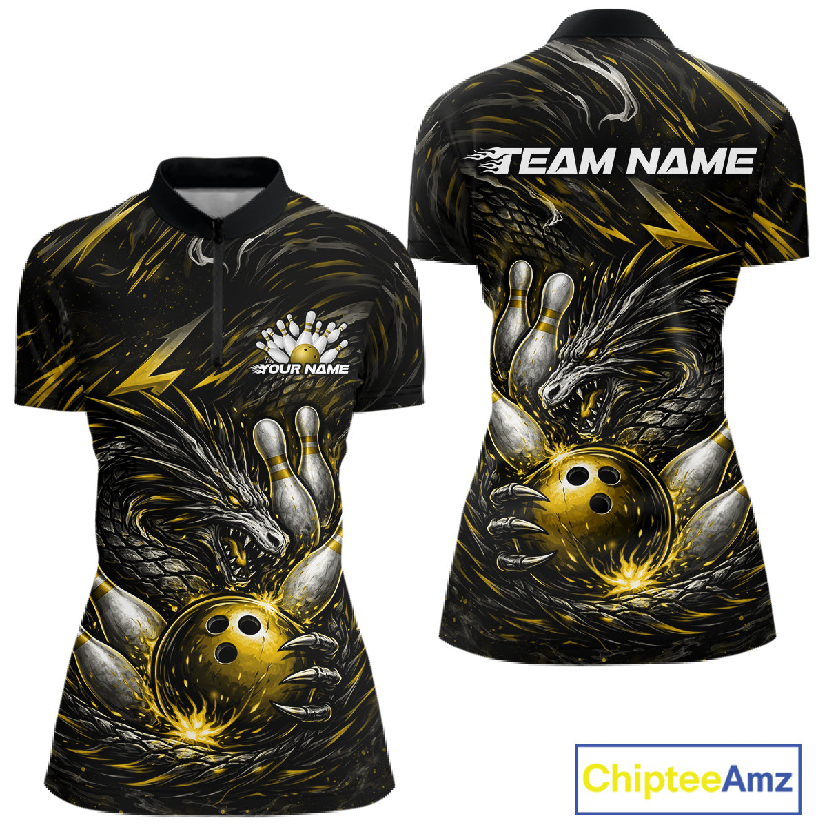 Custom Black And Gold Dragon Bowling Jersey, Dragon Bowling Team Women Quarter-Zip Shirt IPHW10364