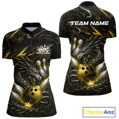Custom Black And Gold Dragon Bowling Jersey, Dragon Bowling Team Women Quarter-Zip Shirt IPHW10364