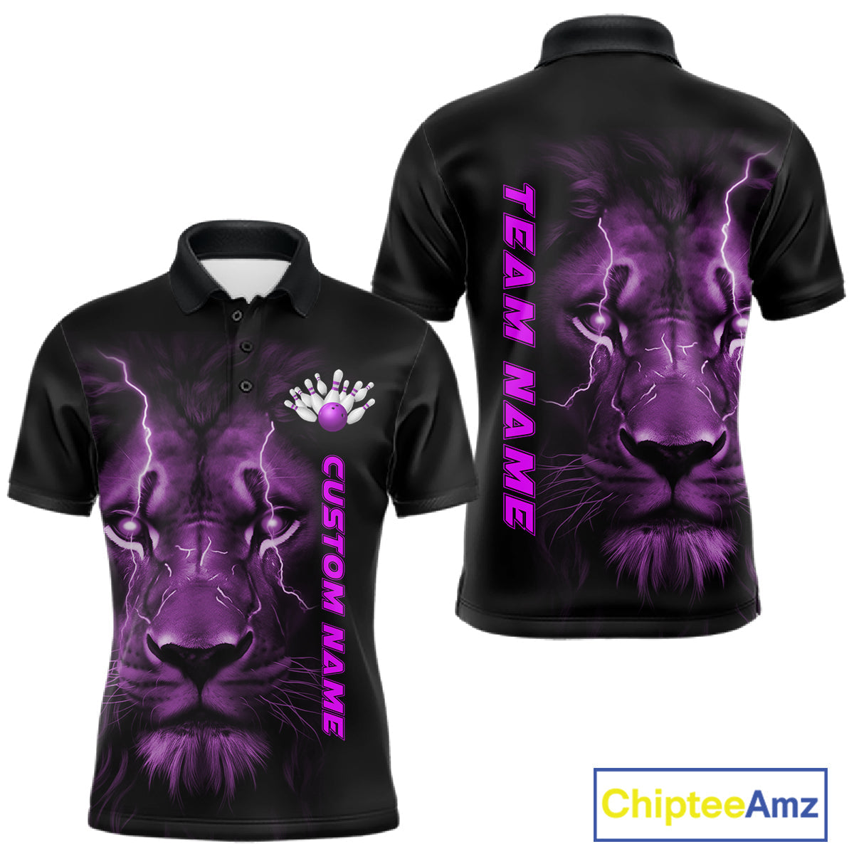Custom Purple Thunder Lightning Lion Bowling Shirt For Men, Lion Bowling Team Jerseys IPHW10667