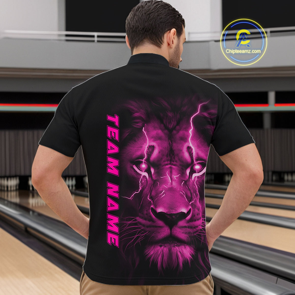 Custom Pink Thunder Lightning Lion Bowling Shirt For Men, Lion Bowling Team Jerseys IPHW10670