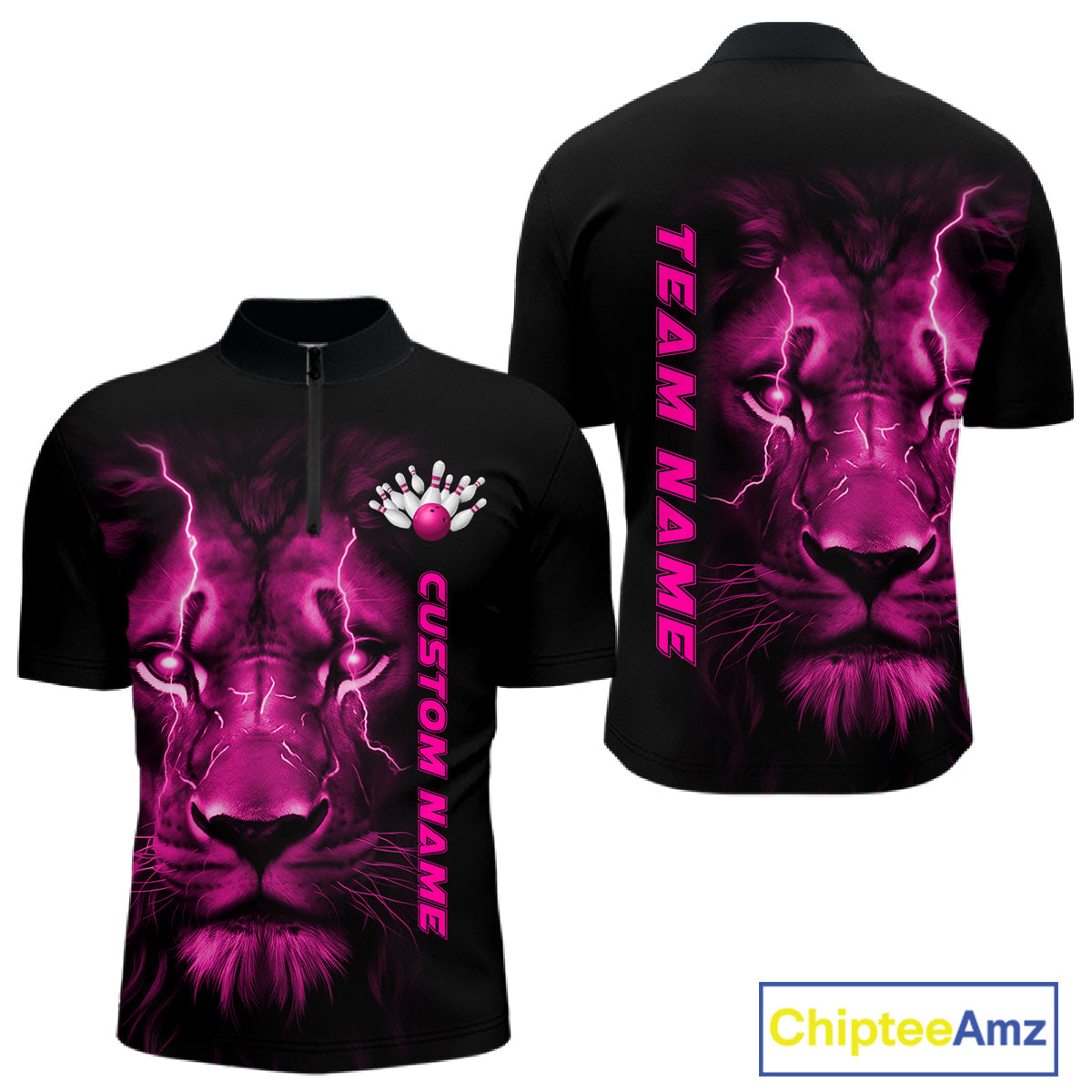 Custom Pink Thunder Lightning Lion Bowling Shirt For Men, Lion Bowling Team Jerseys IPHW10670