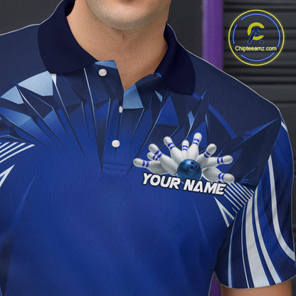 Custom Blue Bowling Tournament Bowling Polo Shirts For Men With Team Name IPHW9280