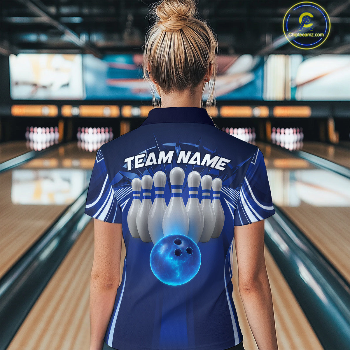 Custom Blue Bowling Tournament Bowling Polo Shirts For Women With Team Name IPHW9280