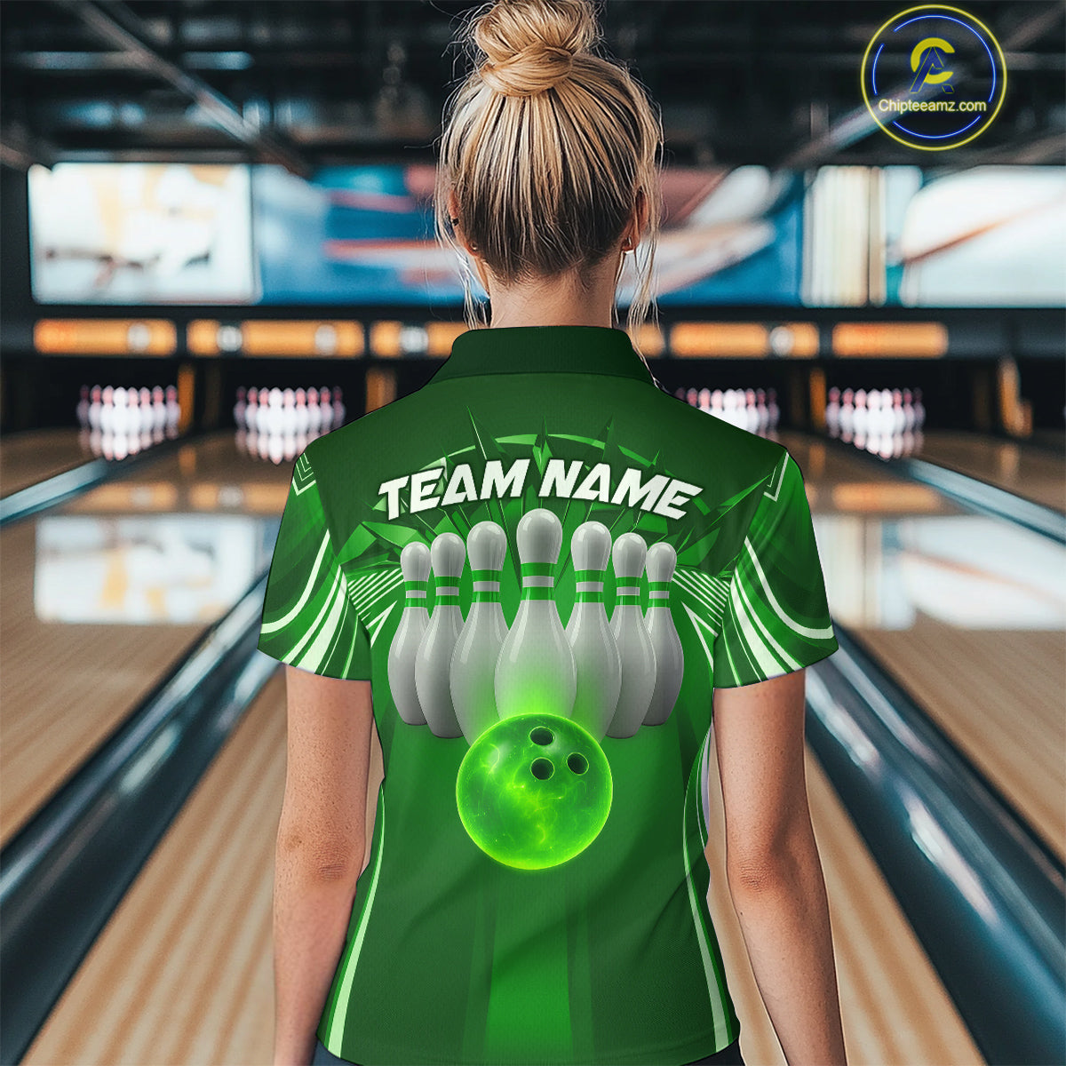 Custom Green Bowling Tournament Bowling Polo Shirts For Women With Team Name IPHW9281