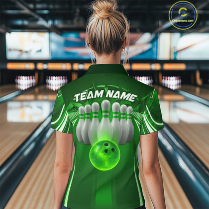 Custom Green Bowling Tournament Bowling Polo Shirts For Women With Team Name IPHW9281