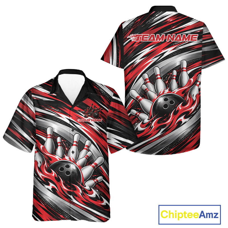 Custom Black And Red Flame Bowling Shirt For Men And Women, Bowling Team Jersey Button Up Shirt IPHW12407