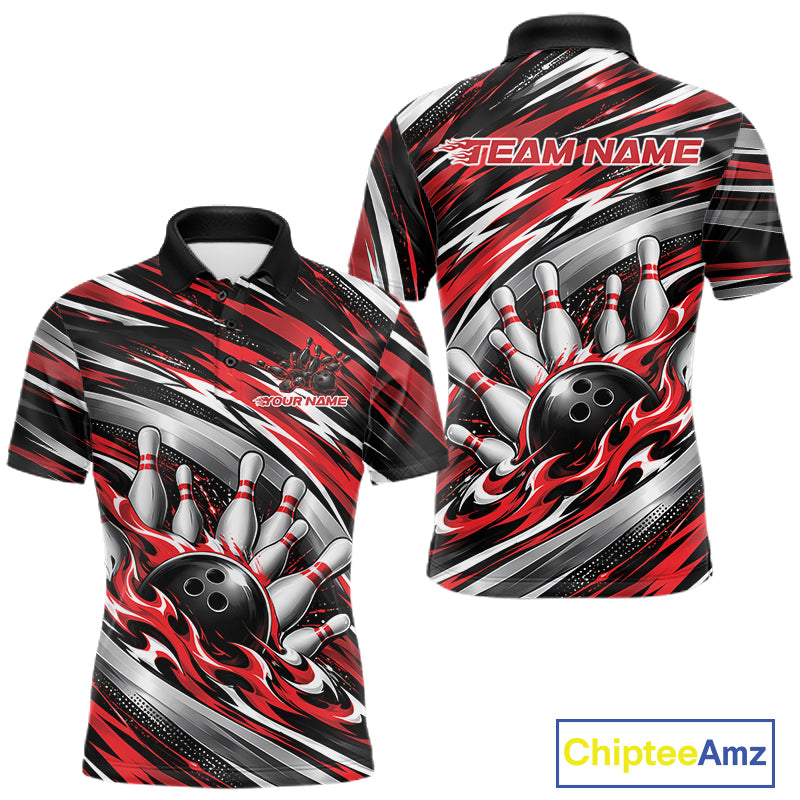 Custom Black And Red Flame Bowling Shirt For Men, Bowling Team Jersey Polo Shirt IPHW12407