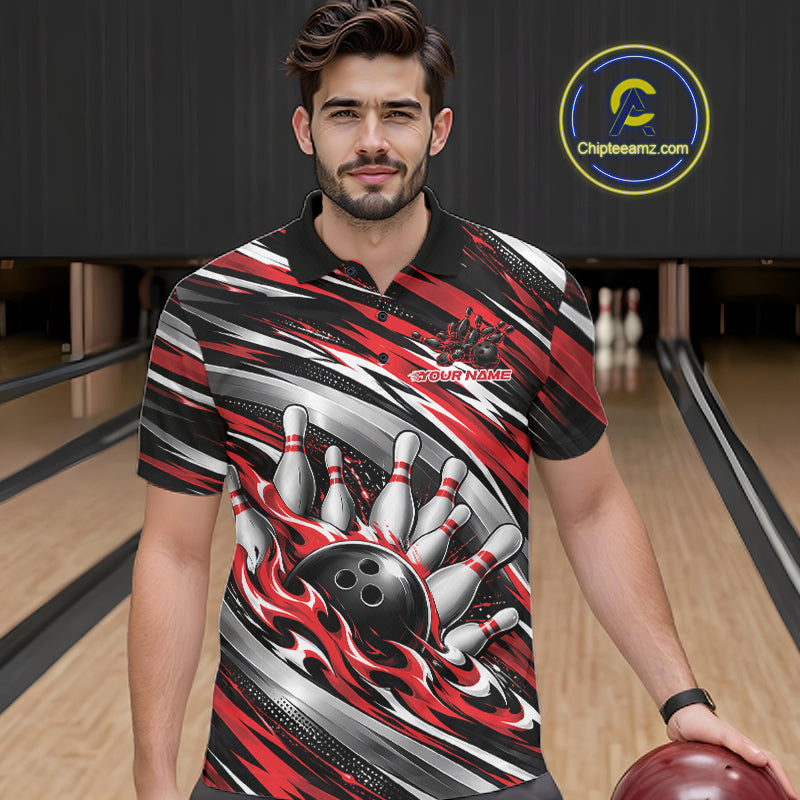 Custom Black And Red Flame Bowling Shirt For Men, Bowling Team Jersey Polo Shirt IPHW12407