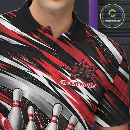 Custom Black And Red Flame Bowling Shirt For Men, Bowling Team Jersey Polo Shirt IPHW12407
