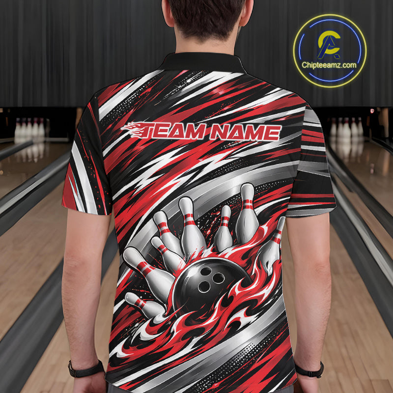 Custom Black And Red Flame Bowling Shirt For Men, Bowling Team Jersey Polo Shirt IPHW12407